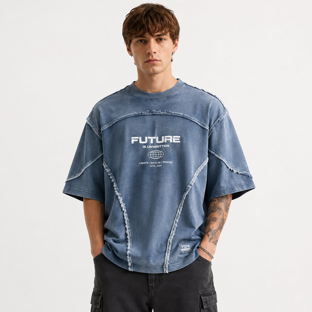 Gen-Z - Distressed Denim Oversized Downshoulder Tshirt