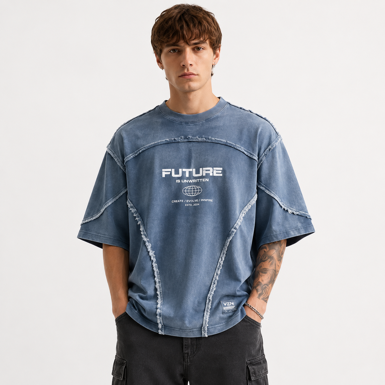 Gen-Z - Distressed Denim Oversized Downshoulder Tshirt