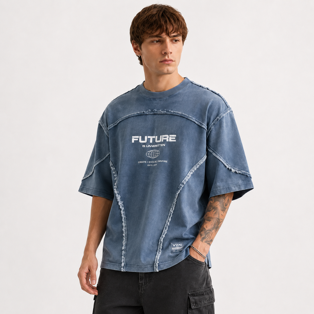 Gen-Z - Distressed Denim Oversized Downshoulder Tshirt