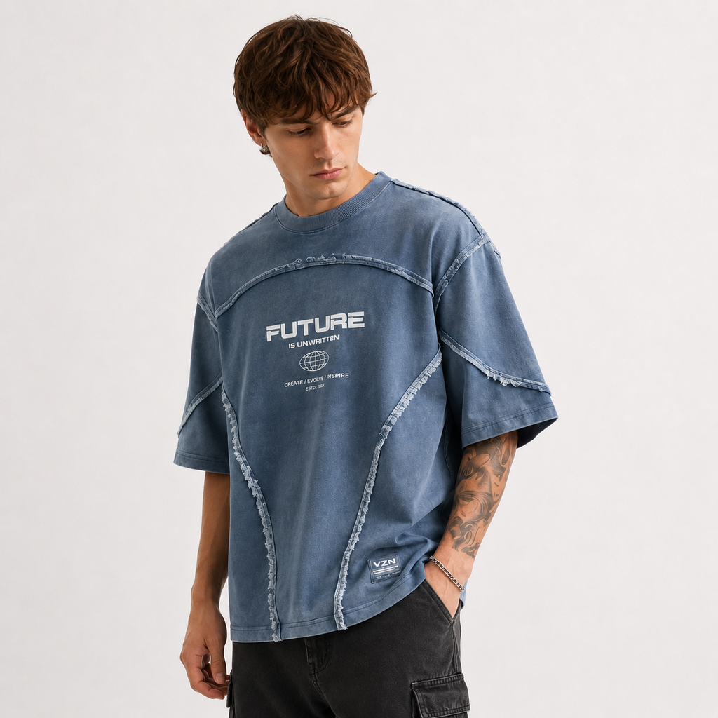 Gen-Z - Distressed Denim Oversized Downshoulder Tshirt