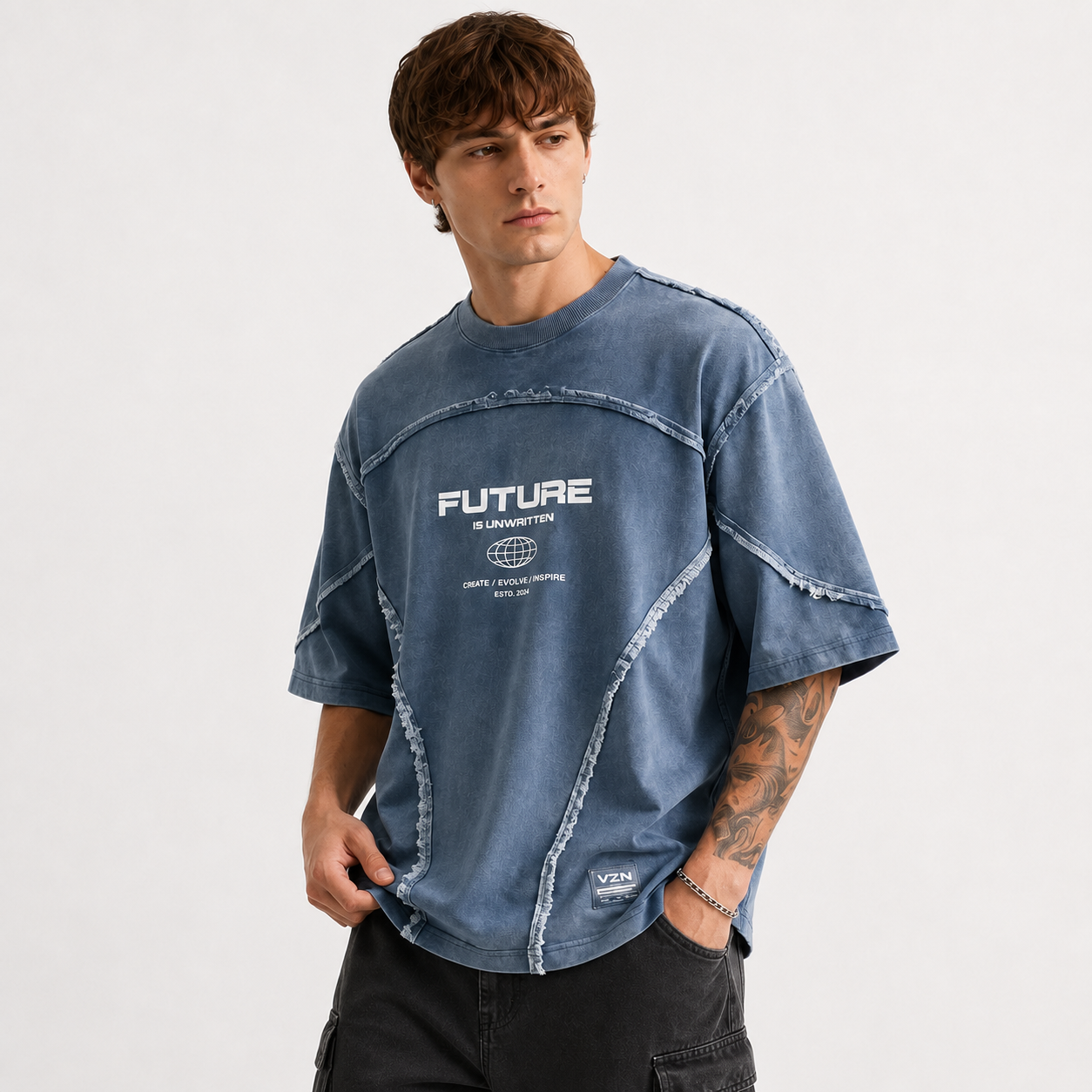 Gen-Z - Distressed Denim Oversized Downshoulder Tshirt